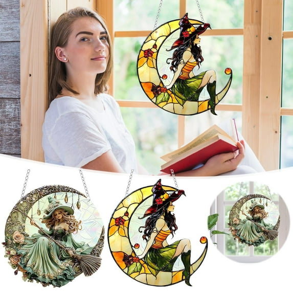 WKSCLPAI Halloween Hanging Decoration Witch and Black Cat Moon Wall Hanging, 2D Flat Acrylic Suncatcher, Illuminated Crystal Effect Home Hanging Decorations for Window Door Indoor Decor, 8x8 In