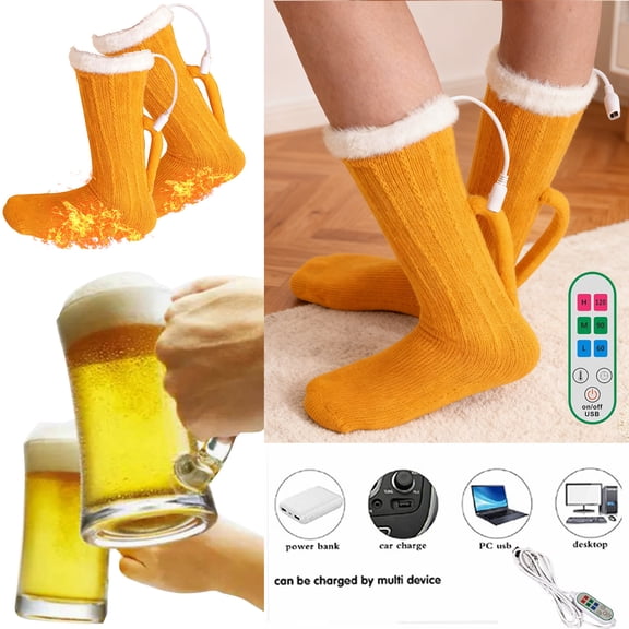WKSCLPAI Heated Socks for Men Women - Remote Controlled Electric Heating Socks with 3 Temp Settings, USB Rechargeable, Multi-Device Charging (Orange Thickened)