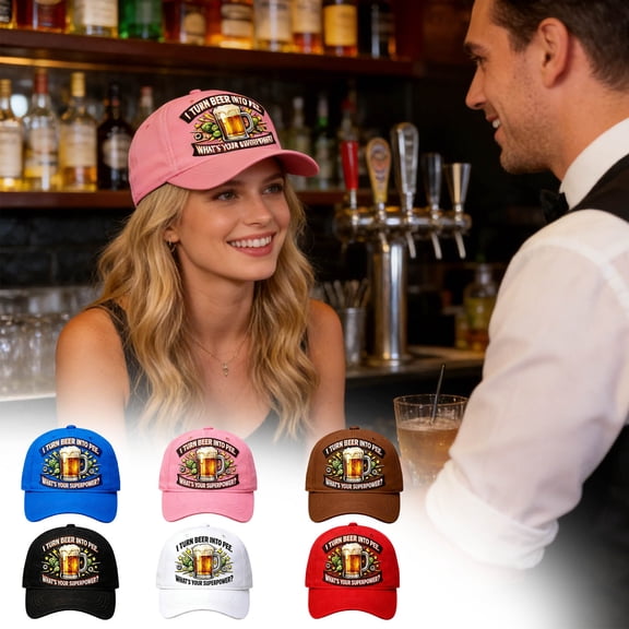 WKSCLPAI I Turn Beer Into Pee Trucker Hat – Funny Beer Lover Hat with Superpower Quote, Adjustable Distressed Printed Baseball Hat for Men Women