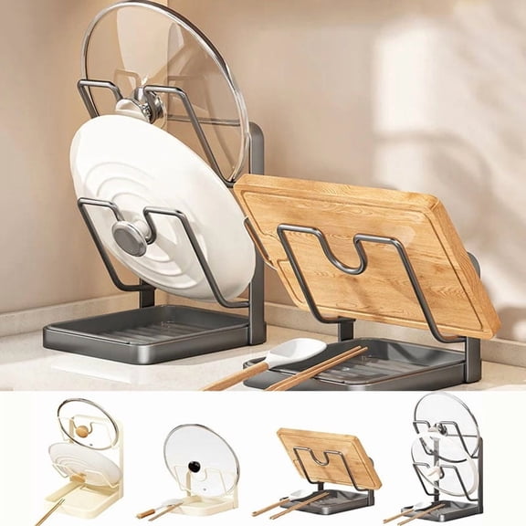 WKSCLPAI Kitchen Pot Lid Storage Rack, Multifunctional Stainless Steel Pot Lid & Pan Holder with Drip Tray, For Counter Stove Top Kitchen Organizer Accessories(White, Single-layer)