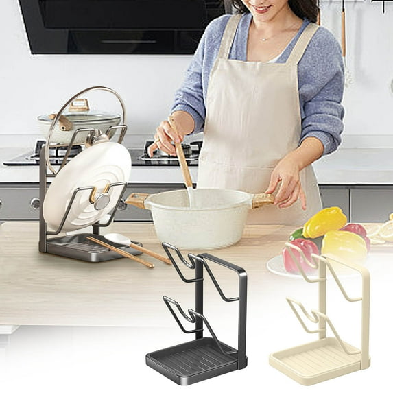 WKSCLPAI Kitchen Pot Lid Storage Rack, Multifunctional Stainless Steel Pot Lid & Pan Holder with Drip Tray for Counter Stove Top Kitchen Organizer(Gray, Double,Larger Reinforced Chassis)