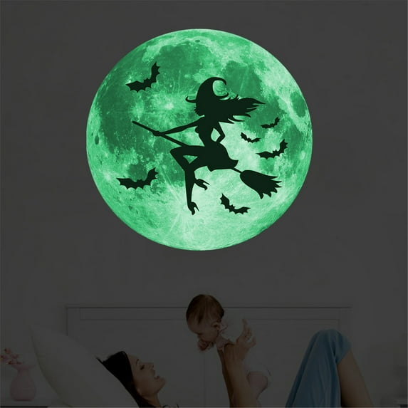 WKSCLPAI Luminous Halloween Witch Wall Sticker,Glow in the Dark Pvc Decal,Festive Moon And Witch Decor,Perfect for Home,Indoor And Outdoor Decoration