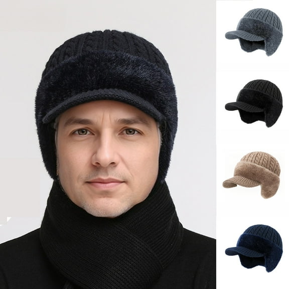 WKSCLPAI Mens Winter Hat with Ear Flaps, Warm Cold-proof and Ear-protecting Knitted Beanie Hat with Brim, 3 In 1 Winter Outdoor Thickened Warming Baseball Cap for Men Women(Gray)