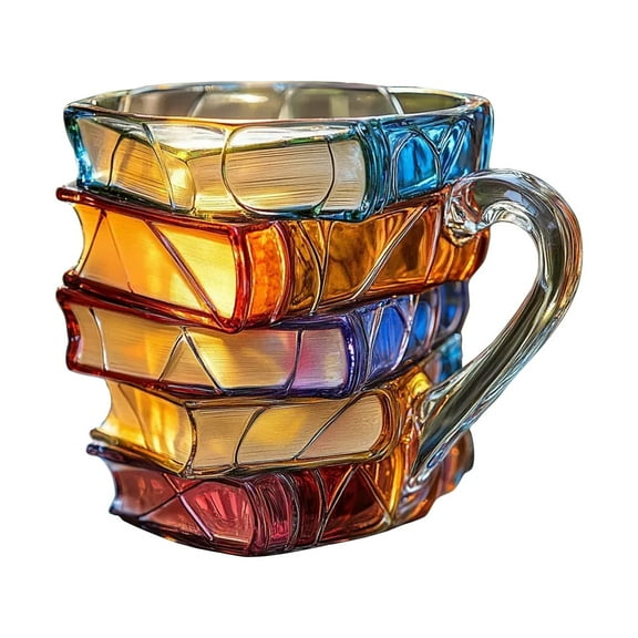 WKSCLPAI Painted Book Mug, New 3D Painted Glass Book Cup, Creative Handmade Colored Glass Coffee Cup, Collection Gifts for Reading Painting Literature Lovers Book Lovers(Style-A)