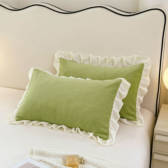 WKSCLPAI Queen Pillow Cases Set of 2, Pure Cotton Champray Ruffled Edge Pillowcase with Envelope Closure, Home Light Luxury Solid Color Pillow Covers, Machine Washable, Light Green