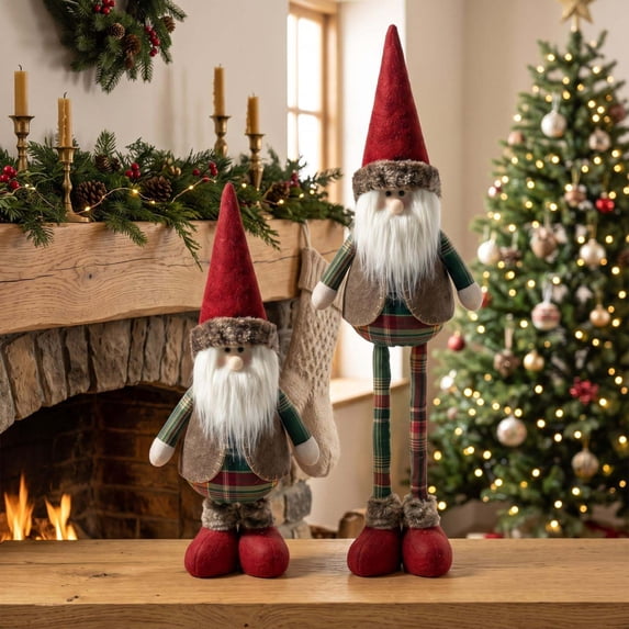 WKSCLPAI Retractable Leg Plush Christmas Tabletop Figurine, Vintage Plaid Fabric Standing Gnome Santa Ornament for Fireplace Home Xmas Decor, Style A