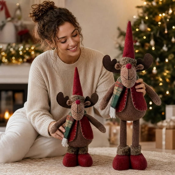 WKSCLPAI Retractable Leg Plush Christmas Tabletop Figurine, Vintage Plaid Fabric Standing Reindeer Ornament for Fireplace Home Xmas Decor, Style C