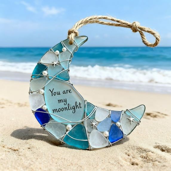 WKSCLPAI Sea Glass Suncatcher - Ocean Crashing Wave Beach Ornament, Sea Glass Friendship Pendant, Windows Wall Decor Decorative Hanging Ornaments Home Accents, You Are My Moonlight