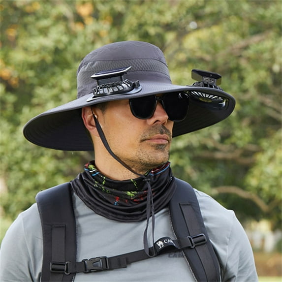 WKSCLPAI Solar Fan Hat,Wide Brim Solar Fan Hat with Adjustable Elastic Buckle,Summer Outdoor Sun Hat with 2 Solar Fan,Trendy Fishing Hat with Removable & USB Charging Fan,Breathable and Cooling