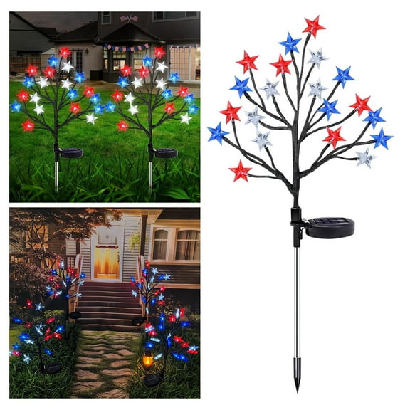 WKSCLPAI Solar Lights Outdoor Decor Independence Day Red White Blue Five-pointed Star Tree Branch Lights Lawns Garden Festive Atmospheres Decorative Floor Lamp 2 Lightning Modes