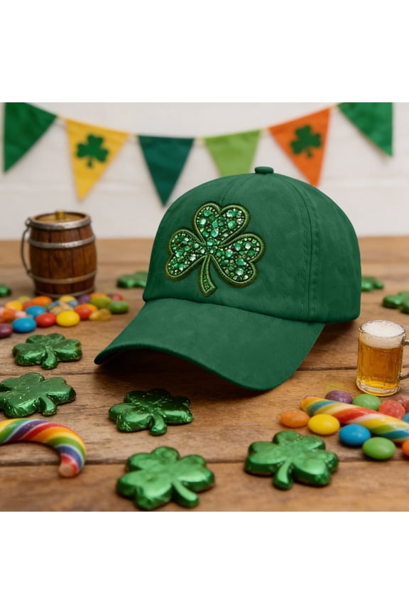 St. Patrick's Day Green Shamrock Bling Baseball Cap, Adjustable Unisex Hat for Irish Pride & Festivities(Printed Pattern)