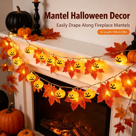 WKSCLPAI Thanksgiving Decorations, Maple Leaf Rattan with 10 3D LED Pumpkin Lights Lamp Autumn Home Decorations, 59 Inches Fall Decorations Pumpkin String Lights, Battery Operated