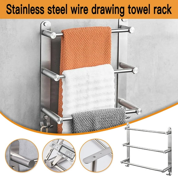WKSCLPAI Wall-mounted Bathroom Organizer 304 Stainless Steel Triple Bathroom Towel Rack Bathroom Towel Bar Triple Brushed with Hook Bath Towel Rack Towel Racks for Bathroom