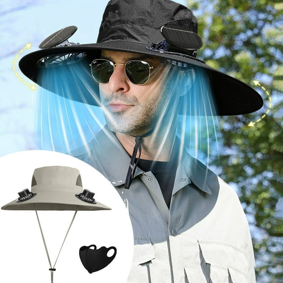 WKSCLPAI Wide Brim Solar Fan Hat Clearance,Fishing Hat with 2 Solar Fan,3 Speed Solar Powered Fan Hat,Outdoor Sun Hats for Men Women Hat with Breathable Sunburn Protection Mask