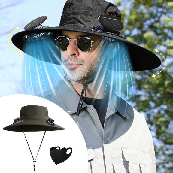 WKSCLPAI Wide Brim Solar Fan Hat,Fishing Hat with 2 Solar Fan,3 Speed Solar Powered Fan Hat,Outdoor Sun Hats for Men Women Hat with Breathable Sunburn Protection Mask