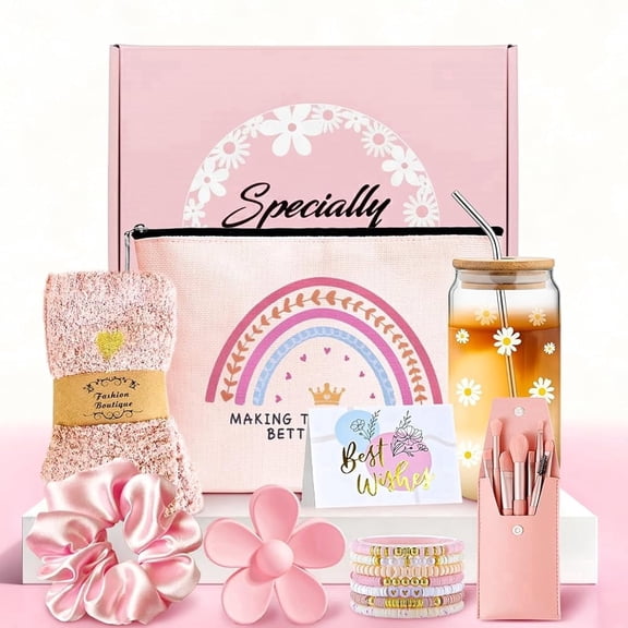 WKTRSM Birthday Gifts for Women Teen Girl Her, Cute Daisy Aesthetic Glass Cup Gift Baskets Set w/Rainbow Sunshine Self Care Box, Unique Present for Sister Daughter Friend Sweet 16th 18th 21st Bday