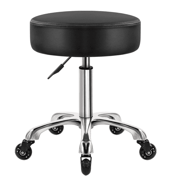 WKWKER Heavy Duty Beauty Stool On Wheels Swivel Adjustable Thick Leather Seat Chair For Kitchen Drafting Lab Office Massage Black