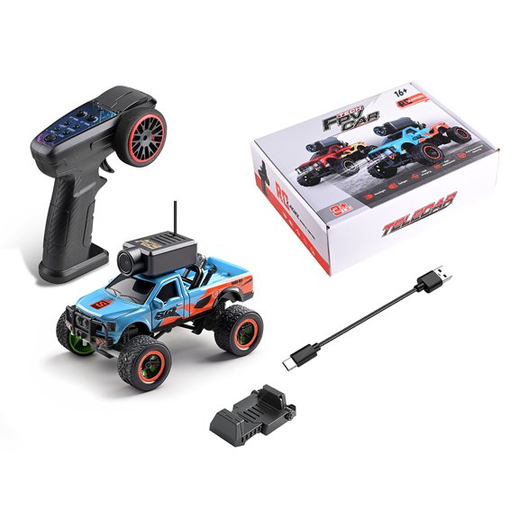 WL 1/64 Scale Full-Proportional FPV Mini RC Truck Model, APP Auto-Pairing Vehicle with Lighting, Speed Modes and WIFI Camera (RTR/Blue)