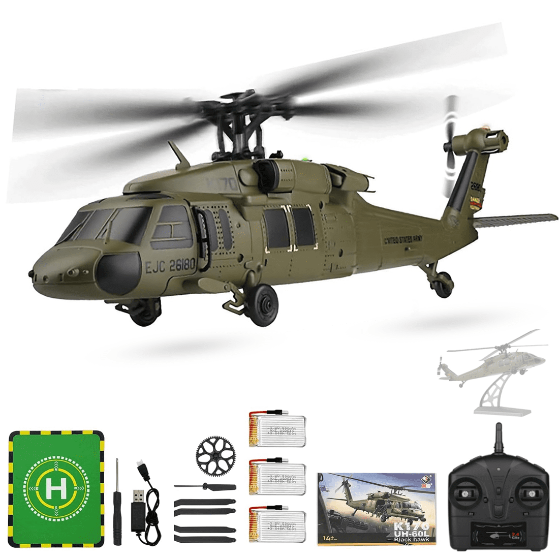 WL K170 RC Helicopter, 1:28 Scale BK Hawk UH-60L 4CH Flybarless Remote Control Helicopter Model with Brushless Motor & Altitude Hold , for Adults & Beginners