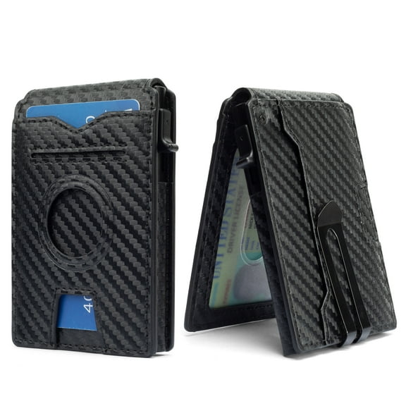 WL-Men's Airtag Carbon Fiber Cattlehide Card Bag Flip Anti-Theft Leather Card Holder Wallet Purse