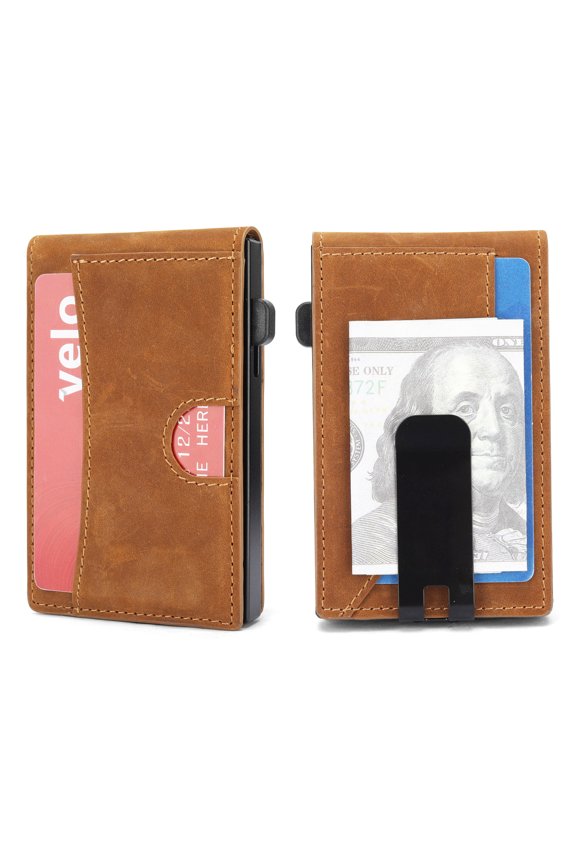 WL-Men's Genuine Leather Flip Aluminum Alloy Card Box Carbon Fiber Card Holder Wallet Purse