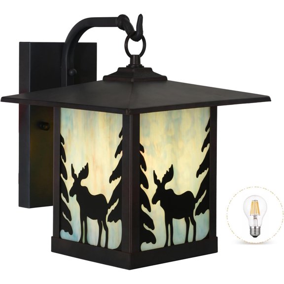 WL0008 Tiffany Style Outdoor Wall Light Fixture Stained Glass Exterior Waterproof Wall Sconce Lamps for Balcony Aisle Hallway 9X11X11 Inches, Bulb Included (Moose)