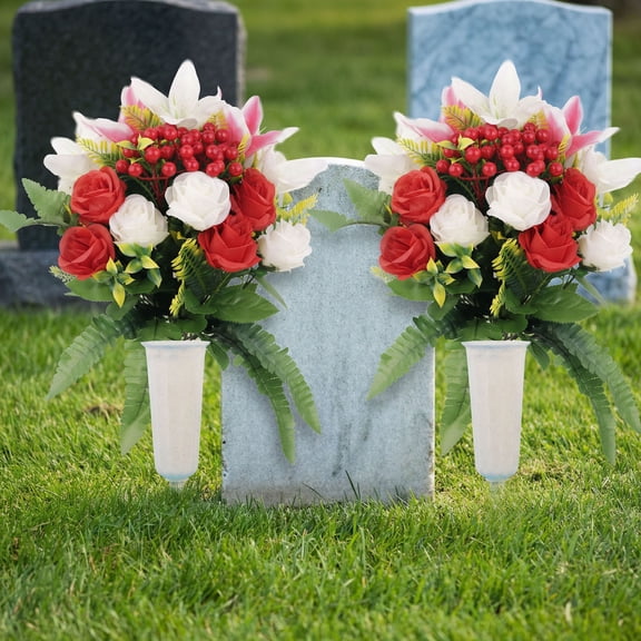 WLAGOOD 17-Headed Artificial Rose Bouquet with Ribbon & Bucket,Fade Resistant Standing Cemetery Flower,Maintenance-Free Decor for Grave Memorial and Commemoration Use