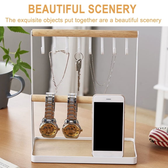 WLAGOOD 2-Tier Jewelry Tower Stand,Fully Assembled Metal Organizer with 8 Hanging Hooks and Earring Tray for Necklaces,Bracelets and Rings