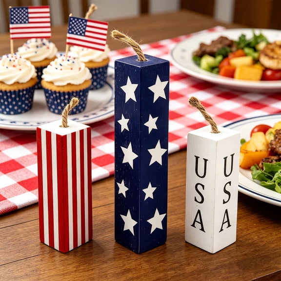 WLAGOOD 3 Pack 4th of July Patriotic Wooden Block Decor Set Distressed Finish USA Star Stripes 1776 Table Centerpiece for Tabletop Shelf Fireplace Memorial Day Veterans Day Home Decor