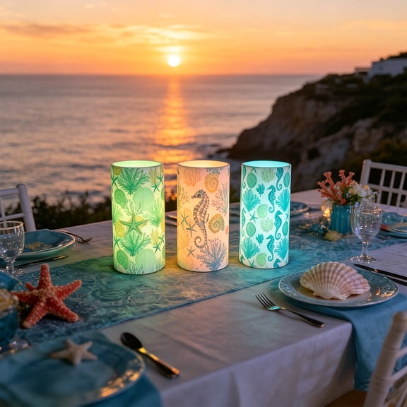 WLAGOOD 3 Pack Summer Ocean Flameless LED Candles 5.93.0in Battery Powered with Remote for Table Wedding Birthday Home Hotel Party Decors