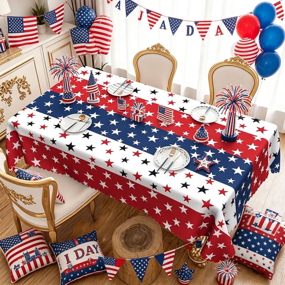 WLAGOOD 4th of July US Flag Tablecloth,Patriotic Star Table Cover,Waterproof Oil Stain Resistant Wavy Edge Decor for Home Restaurant Rectangular Table Holiday Party