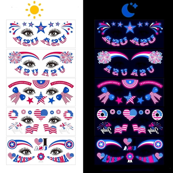 WLAGOOD 5Pcs Star Shaped Fluorescent Tattoo Stickers 6.3x2.6in,Waterproof Luminous Patriotic Decals for Independence Day Party Parade Decor