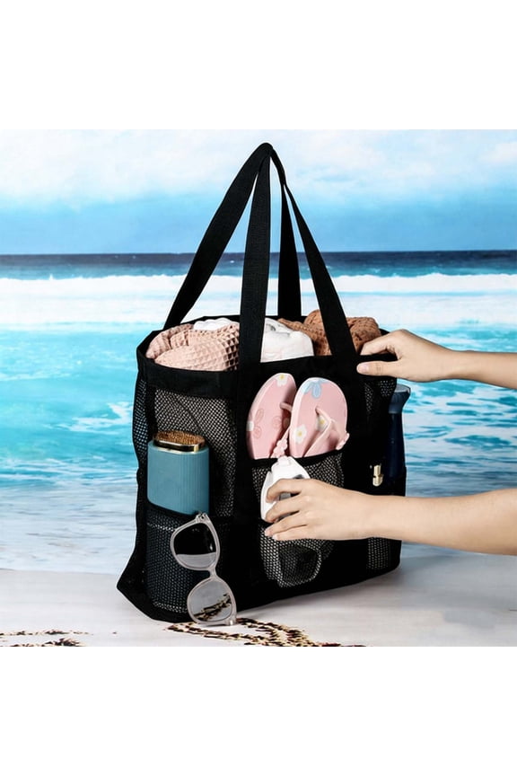 Black Mesh Beach Net Tote Bag Pleated Wear Resistant Handheld Storage Bag for Seashell Collection Seaside Travel and Daily Shopping Usage