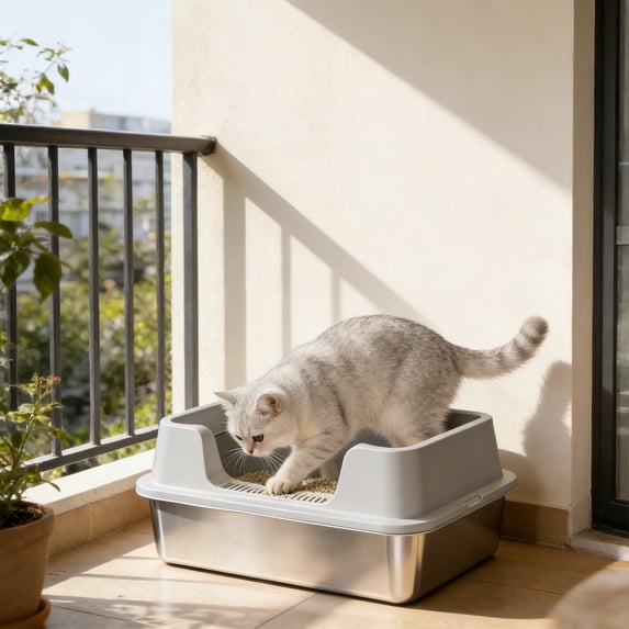 WLAGOOD High Wall Stainless Steel Kitty Litter Pan Semi-Enclosed Anti-Scatter Odor Control Non-Slip Scratch Proof Washable Litter Box for Large Cats - 19.7×13.8×8.7in