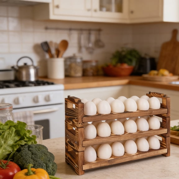 WLAGOOD Stackable Egg Tray,Rustic Farmhouse Countertop Egg Storage Rack,3-Tier 36 Eggs Collecting Organizer with Handle for Kitchen Tabletop Cabinet Refrigerator Decor