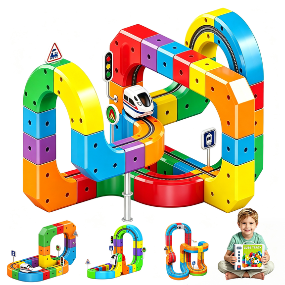 WLBES Electric Train Set, 3D Magic Flexible Plastic Race Track Kit with Anti-Gravity, STEM Train Toy for Boys Girls Ages 3-8, Birthday Gift
