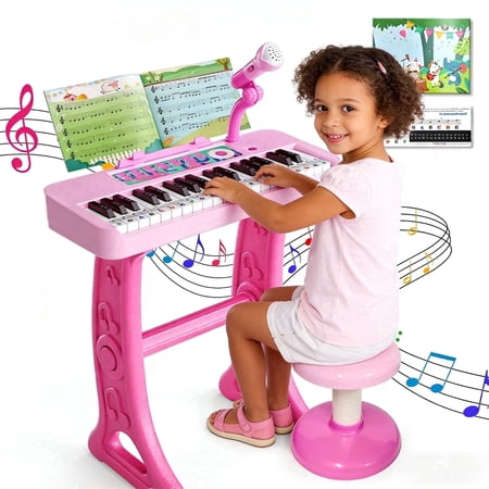 WLBES Piano Toy, Toddler Keyboard, 37 Keys Toddler Keyboard Piano with Stand, Stool & Music Sheet, Ideal Birthday Gift for 3-9 Year Old Kids Musical Instrument Toy, Party Performance Prop