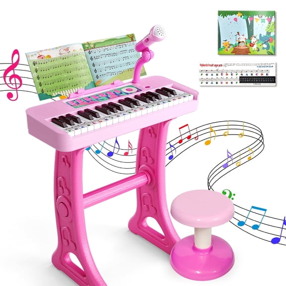 WLBES Electronic Keyboard Piano Toy, 37 Keys, with Microphone and Stool, Pink
