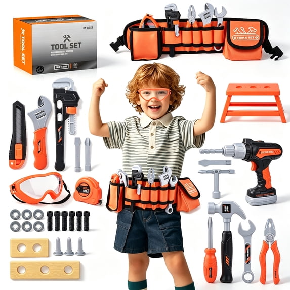 WLBES Kids Tool Set, Toddler Tool Belt with Pliers & Tools, Toy Drill, Plastic Play Tools, Pretend Construction Toys for Kids Ages 3+, Birthday Gift & Party Favors