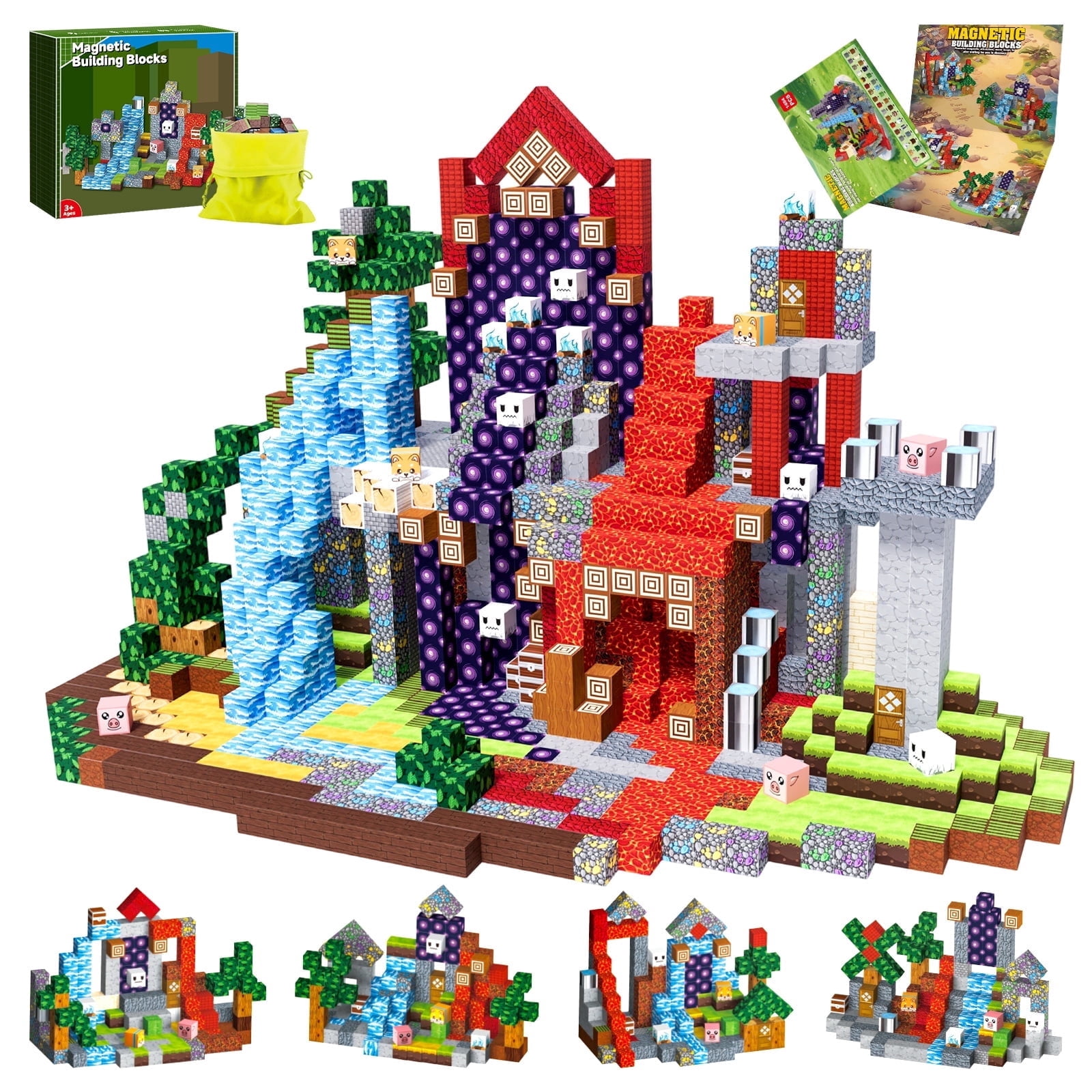 WLBES 200PCS Magnetic Blocks Set, Lava Forest Design, STEM Educational Building Toys, Creative Construction Play, Portable Travel Toys for Kids Age 3+