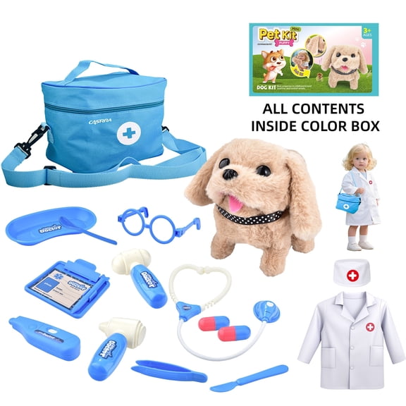 Toddler Vet Doctor Kit, All Items Included Inside Box, Dress up Role Playing Doctor Toy With Walking Barking Interactive Plush Dog Toy, Blue Medical Shoulder Bag and Vet Clothes for Kids Ages 36
