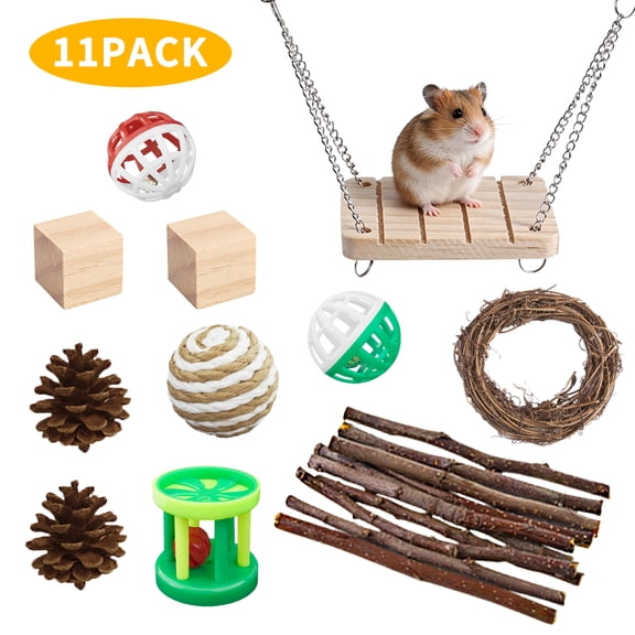 WLGJL 11 PCS Hamster Toys, Guinea Pig Toys Small Animal Chewing Toy and Rat Cage Accessories, Gerbils, Chinchillas, Rats, Rabbit Rodents Teeth Care, Apple Wood Timothy Hay Mouse Toy