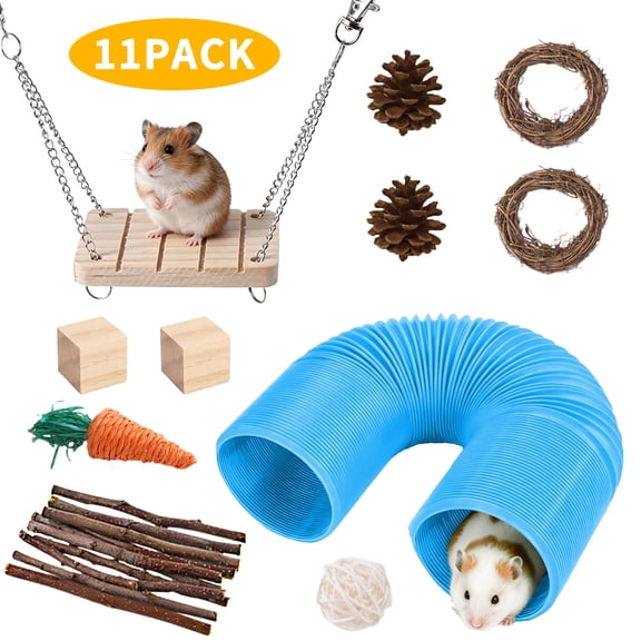 WLGJL 11 PCS Hamster Toys Set, Guinea Pig Toys Small Animal Chewing Toy and Rat Cage Accessories, Chinchillas, Gerbils, Rats, Rabbit Rodents Teeth Care, Mouse Toy Swing Seesaw Bridge（Blue）