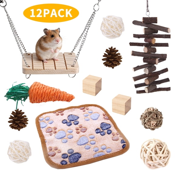 WLGJL 12 PCS Hamster Toys, Guinea Pig Toys Small Animal Chewing Toy and Rat Cage Accessories, Gerbils, Chinchillas, Rats, Rabbit Rodents Teeth Care, Apple Wood Timothy Hay Mouse Toy