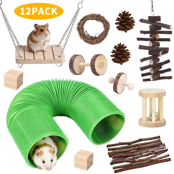 WLGJL 12 PCS Hamster Toys Set, Guinea Pig Toys Small Animal Chewing Toy and Rat Cage Accessories, Chinchillas, Gerbils, Rats, Rabbit Rodents Teeth Care, Mouse Toy Swing Seesaw Bridge