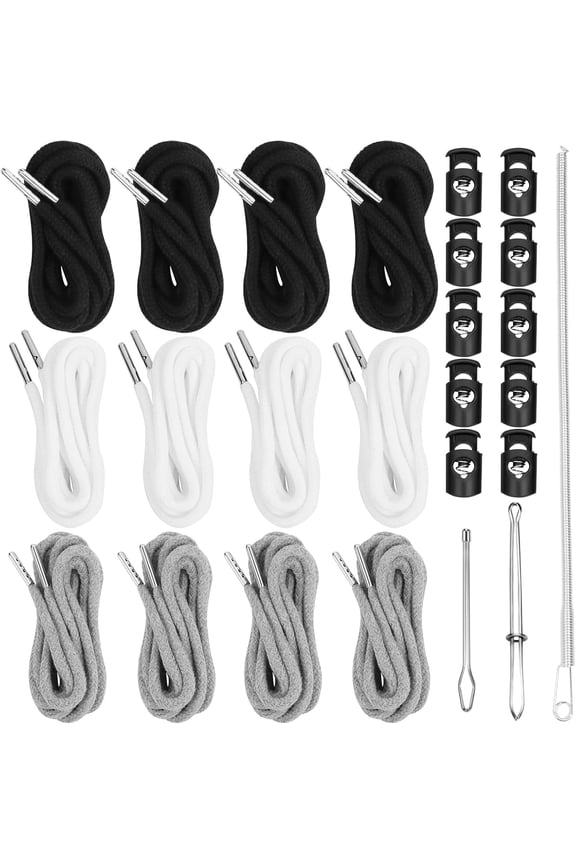 12 Pcs Drawstring Cord Replacement Hoodie String Cording Flat with 3Pcs Threader Tool for Sweatpants Clothings Jackets Coats