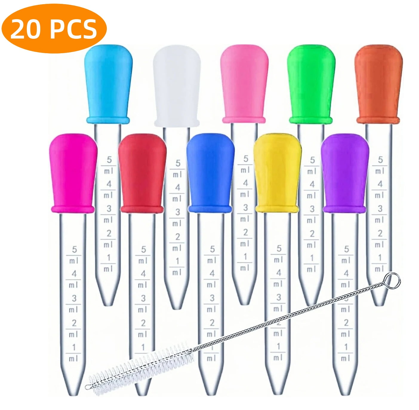 WLGJL 20 Pack Liquid Pipettes Droppers Silicone 5ml Clear Dropper with Bulb Tip & Clean Brush for Candy Mold, Gummy Bear, Gelatin Maker, Crafts (10 Colors)
