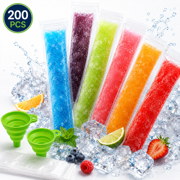WLGJL 200 PCS 8.66*2.36"Disposable Popsicle Mold Bags with Zip Seals, for DIY Ice Pops, Yogurt, Juice & Fruit Smoothies, Includes Funnel