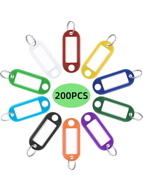 200 Pack Tough Plastic Key Tags with Split Ring Label Window, Assorted Colors