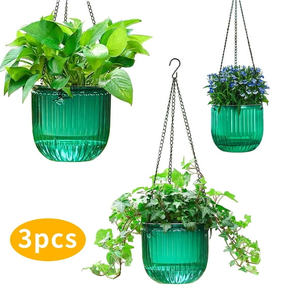 WLGJL 3 Pack Self-Watering Hanging Plant Pots, Plastic Planters with Drainage Holes, 1x 8.27in & 1 x 6.5in & 1 x 4.44in, with 3 Hooks for Indoor & Outdoor Plants